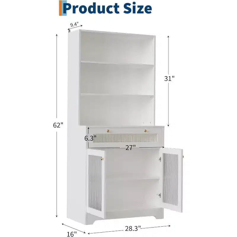 62 Pantry Cabinet, 6-Tier Freestanding Tall Cupboard Storage Unit with 1 Drawer, 2 Cabinets, 3 Open Shelves, Glass Doors, for Home Office