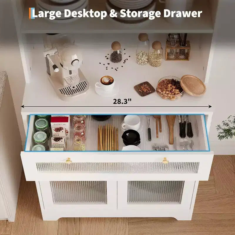 62 Pantry Cabinet, 6-Tier Freestanding Tall Cupboard Storage Unit with 1 Drawer, 2 Cabinets, 3 Open Shelves, Glass Doors, for Home Office