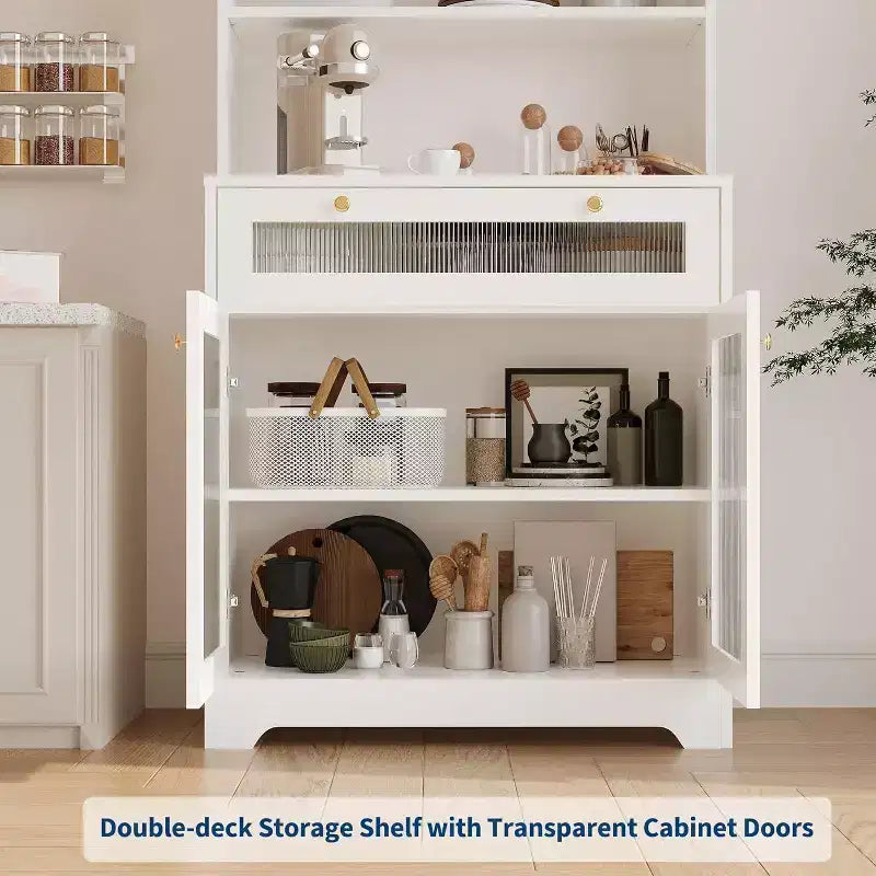 62 Pantry Cabinet, 6-Tier Freestanding Tall Cupboard Storage Unit with 1 Drawer, 2 Cabinets, 3 Open Shelves, Glass Doors, for Home Office