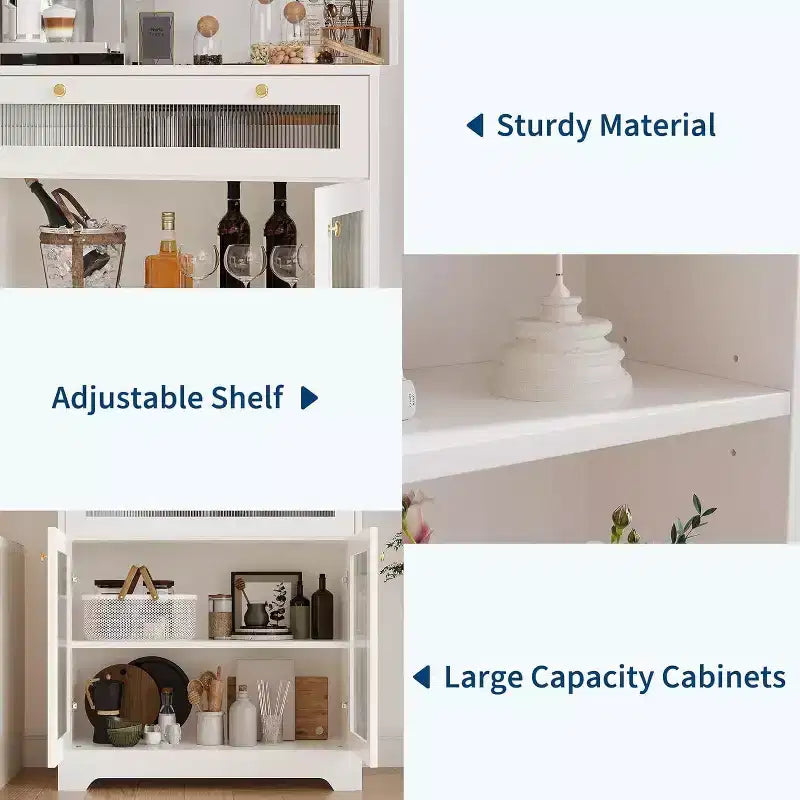 62 Pantry Cabinet, 6-Tier Freestanding Tall Cupboard Storage Unit with 1 Drawer, 2 Cabinets, 3 Open Shelves, Glass Doors, for Home Office