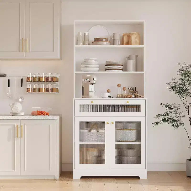 62 Pantry Cabinet, 6-Tier Freestanding Tall Cupboard Storage Unit with 1 Drawer, 2 Cabinets, 3 Open Shelves, Glass Doors, for Home Office
