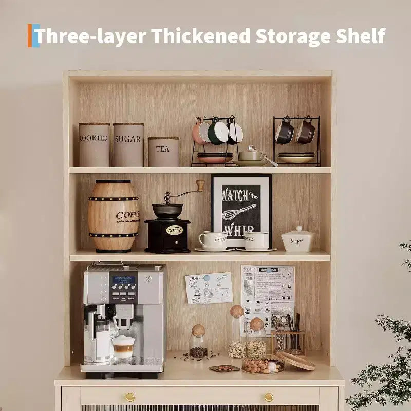 62 Pantry Cabinet, 6-Tier Freestanding Tall Cupboard Storage Unit with 1 Drawer, 2 Cabinets, 3 Open Shelves, Glass Doors, for Home Office