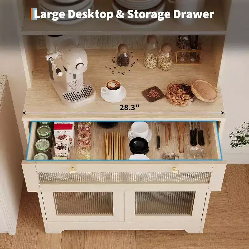 62 Pantry Cabinet, 6-Tier Freestanding Tall Cupboard Storage Unit with 1 Drawer, 2 Cabinets, 3 Open Shelves, Glass Doors, for Home Office