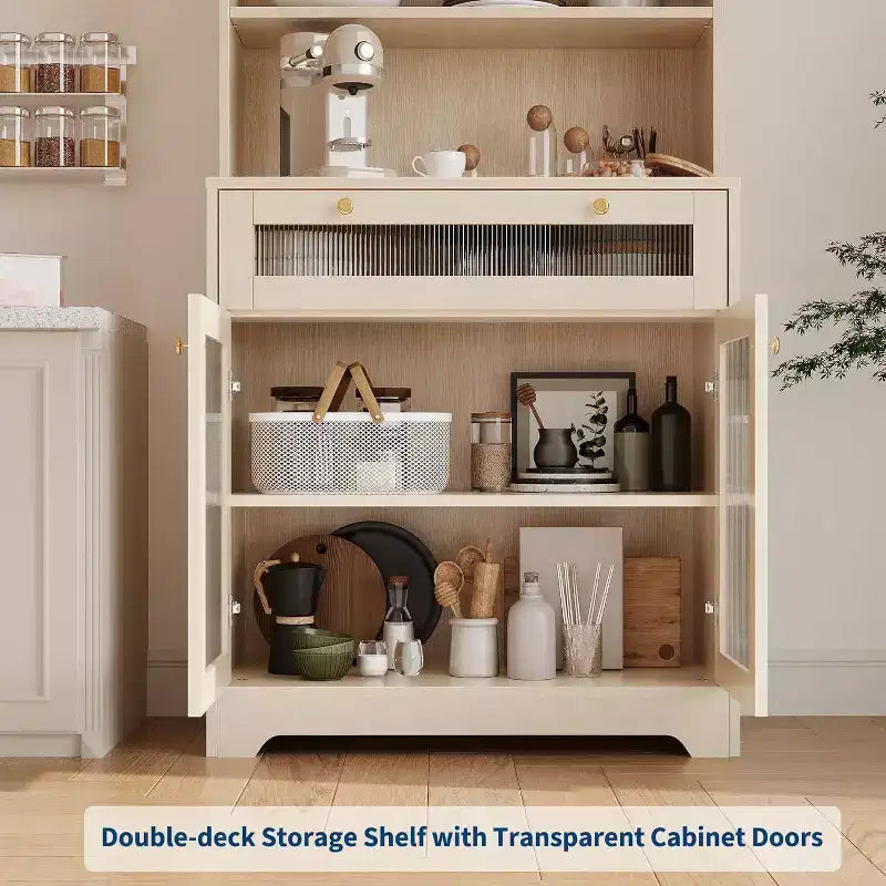 62 Pantry Cabinet, 6-Tier Freestanding Tall Cupboard Storage Unit with 1 Drawer, 2 Cabinets, 3 Open Shelves, Glass Doors, for Home Office