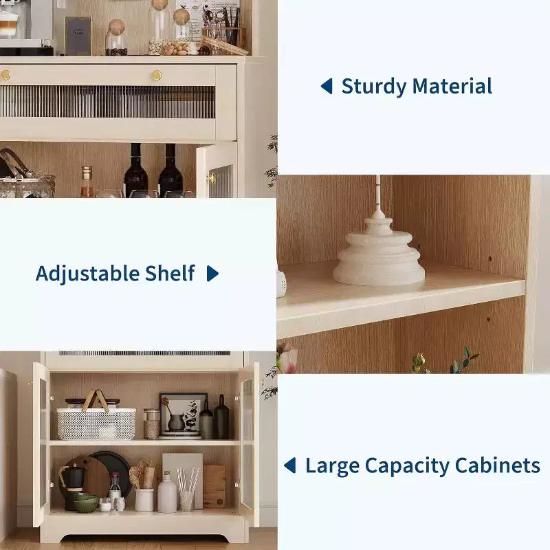 62 Pantry Cabinet, 6-Tier Freestanding Tall Cupboard Storage Unit with 1 Drawer, 2 Cabinets, 3 Open Shelves, Glass Doors, for Home Office