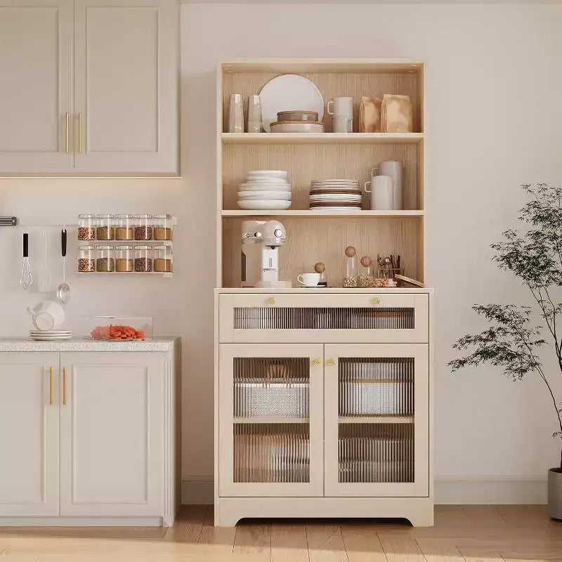 62 Pantry Cabinet, 6-Tier Freestanding Tall Cupboard Storage Unit with 1 Drawer, 2 Cabinets, 3 Open Shelves, Glass Doors, for Home Office