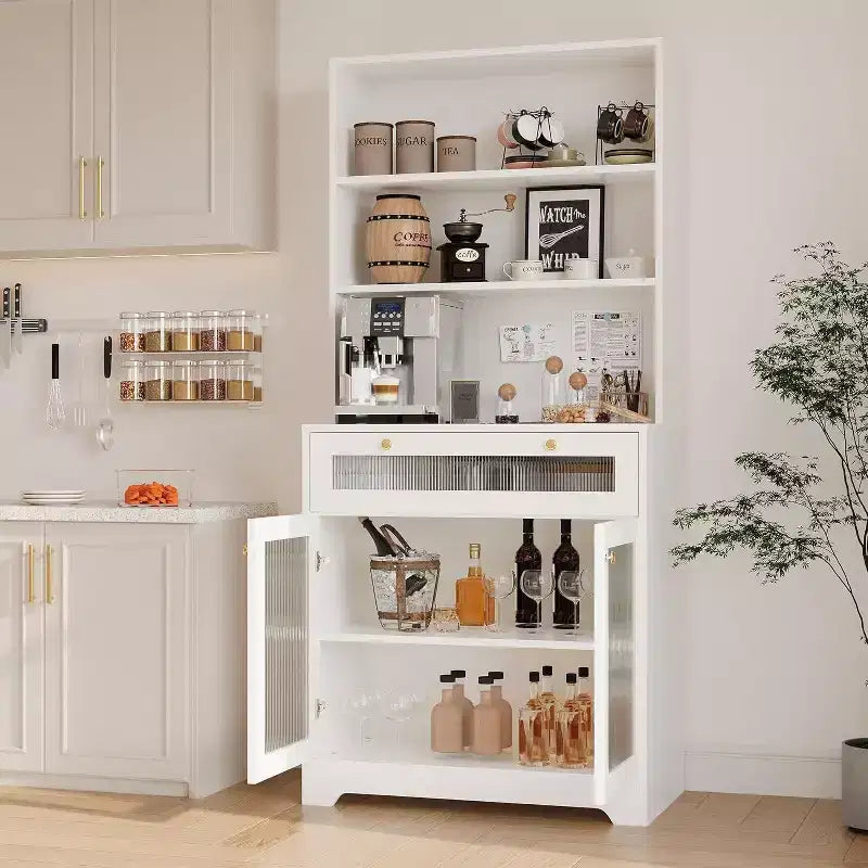 62 Pantry Cabinet, 6-Tier Freestanding Tall Cupboard Storage Unit with 1 Drawer, 2 Cabinets, 3 Open Shelves, Glass Doors, for Home Office