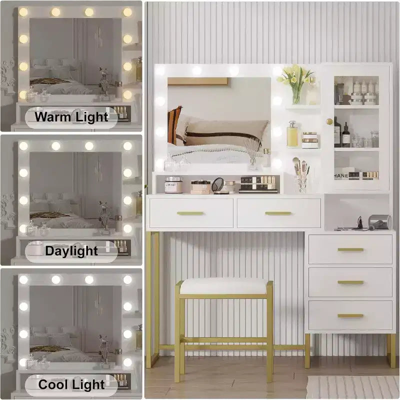 COZONY Makeup Vanity with Upholstered Stool, Vanity Desk with Mirror and Lights, Vanity Table Set with Jewelry Storage, 5 Drawers and Shelves