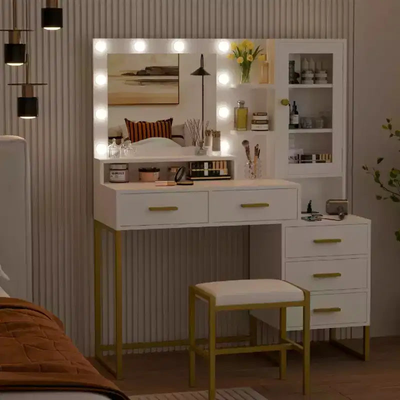 COZONY Makeup Vanity with Upholstered Stool, Vanity Desk with Mirror and Lights, Vanity Table Set with Jewelry Storage, 5 Drawers and Shelves