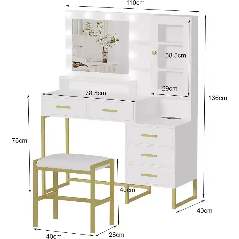 COZONY Makeup Vanity with Upholstered Stool, Vanity Desk with Mirror and Lights, Vanity Table Set with Jewelry Storage, 5 Drawers and Shelves