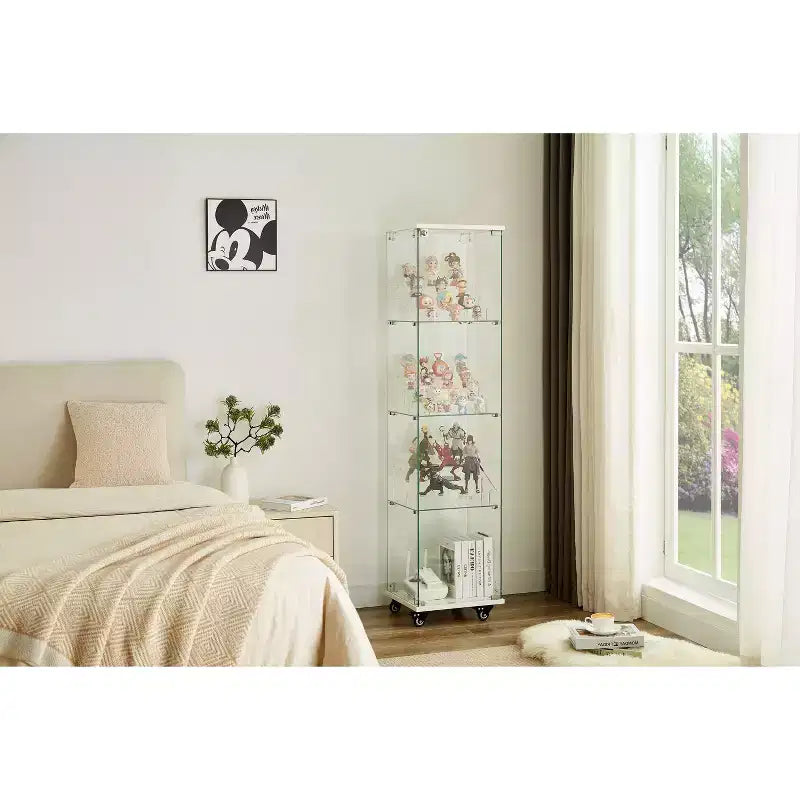 Okak Display Cabinet with Glass Door and Acrylic Shelves, Storage Cabinet with Lock and Wheels, Cabinet for Living Room, Bedroom