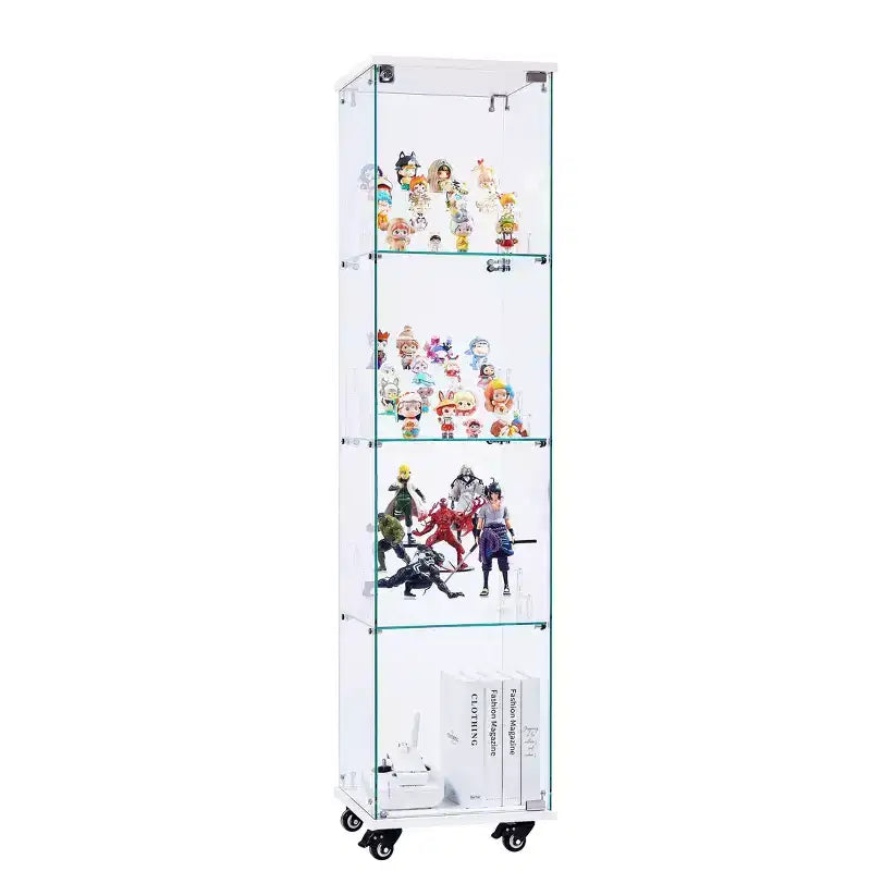 Okak Display Cabinet with Glass Door and Acrylic Shelves, Storage Cabinet with Lock and Wheels, Cabinet for Living Room, Bedroom