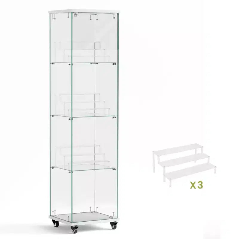 Okak Display Cabinet with Glass Door and Acrylic Shelves, Storage Cabinet with Lock and Wheels, Cabinet for Living Room, Bedroom