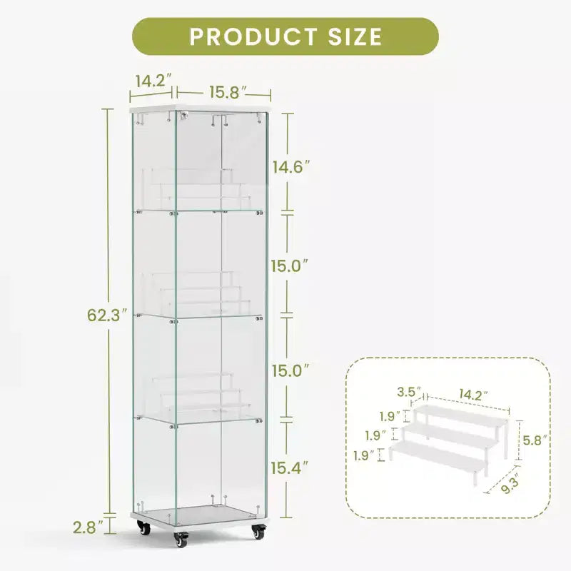 Okak Display Cabinet with Glass Door and Acrylic Shelves, Storage Cabinet with Lock and Wheels, Cabinet for Living Room, Bedroom