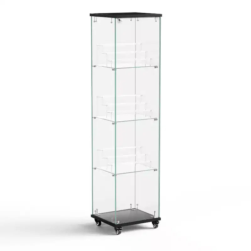Okak Display Cabinet with Glass Door and Acrylic Shelves, Storage Cabinet with Lock and Wheels, Cabinet for Living Room, Bedroom
