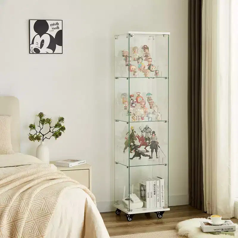 Okak Display Cabinet with Glass Door and Acrylic Shelves, Storage Cabinet with Lock and Wheels, Cabinet for Living Room, Bedroom