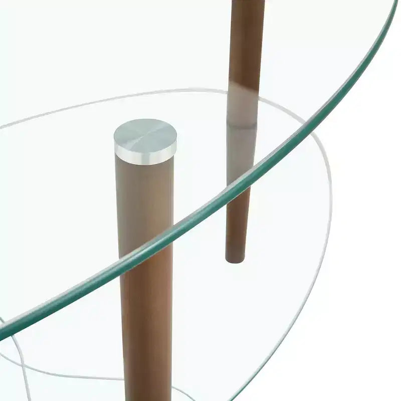 Transparent Oval Glass Coffee Table with Oak Wood Legs, 3-Layer Modern Table for Living Room