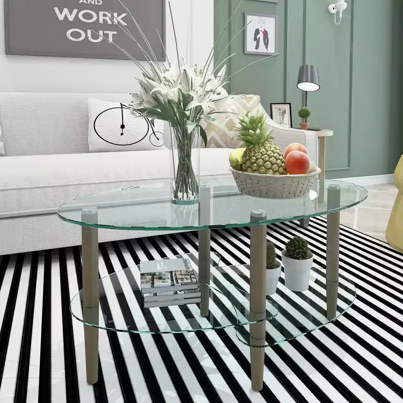 Transparent Oval Glass Coffee Table with Oak Wood Legs, 3-Layer Modern Table for Living Room