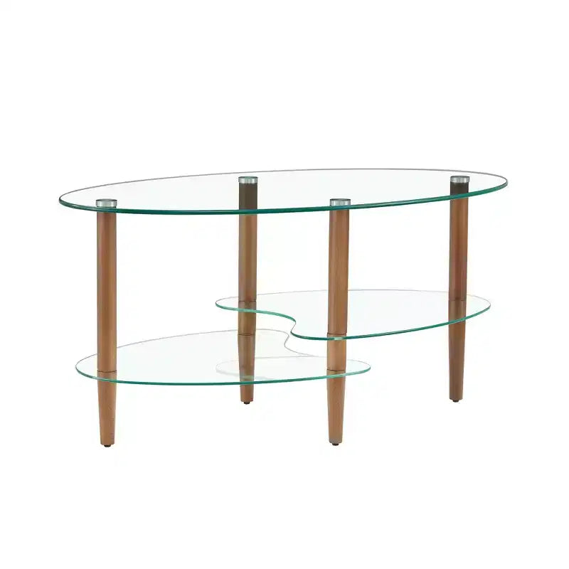 Transparent Oval Glass Coffee Table with Oak Wood Legs, 3-Layer Modern Table for Living Room