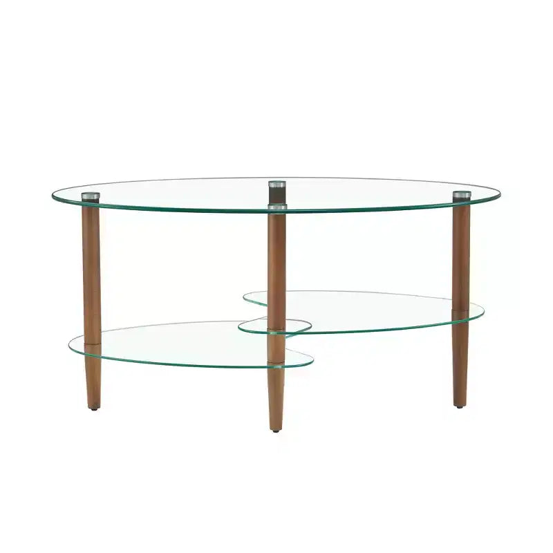 Transparent Oval Glass Coffee Table with Oak Wood Legs, 3-Layer Modern Table for Living Room