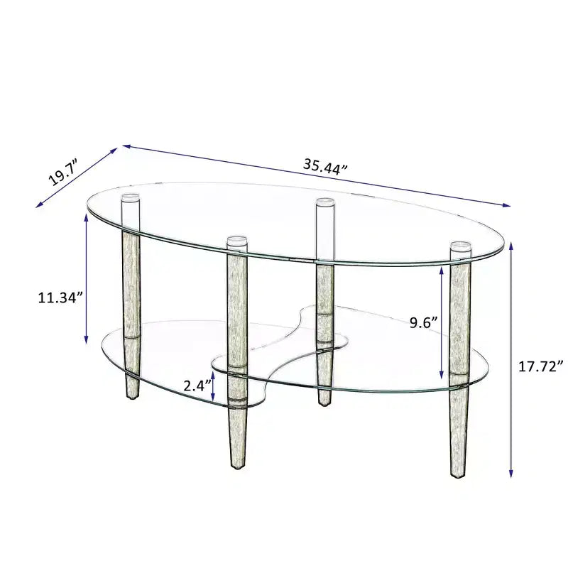 Transparent Oval Glass Coffee Table with Oak Wood Legs, 3-Layer Modern Table for Living Room