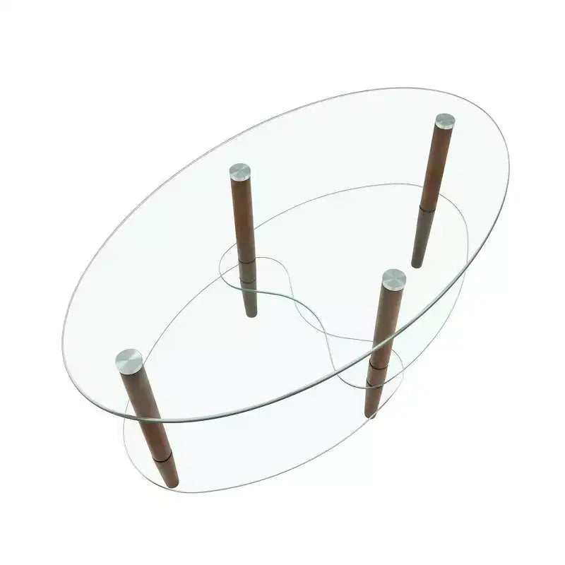 Transparent Oval Glass Coffee Table with Oak Wood Legs, 3-Layer Modern Table for Living Room
