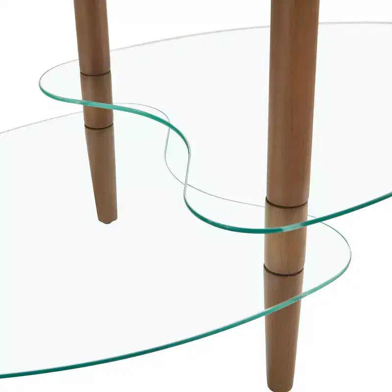 Transparent Oval Glass Coffee Table with Oak Wood Legs, 3-Layer Modern Table for Living Room