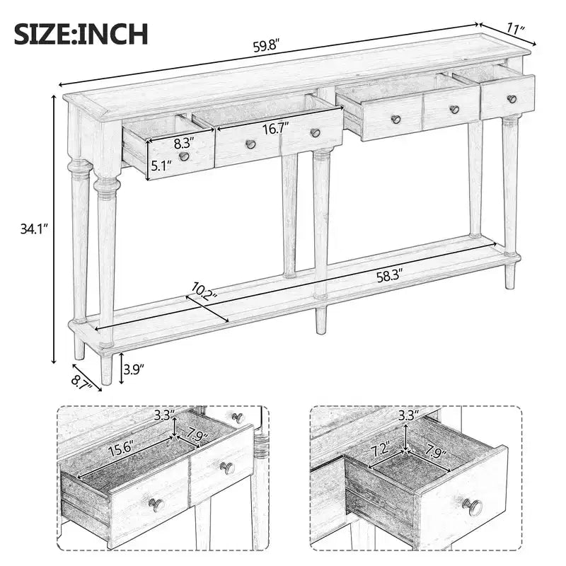 Luxystar Retro Console Table with 4 Drawers, Open Shelf for Entryway and Living Room, Grey Wash