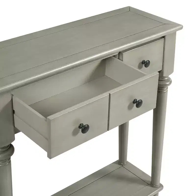 Luxystar Retro Console Table with 4 Drawers, Open Shelf for Entryway and Living Room, Grey Wash