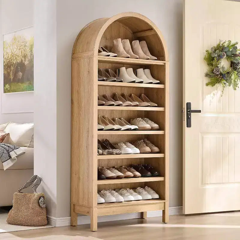 71 in Tall Arched Shoe Cabinet, 7-Tier Wooden Shoe Rack with Adjustable Shelves, Freestanding Display Shelf Storage Organizer for Entryway Hallway