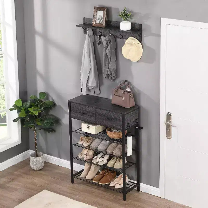4-tier Shoe Rack With 2 Drawers, Shoes Storage Rack One Set Hallway Show Rack With Storage And Hooks Entry Way 31.5 x 11.81 x 42.32 Inch