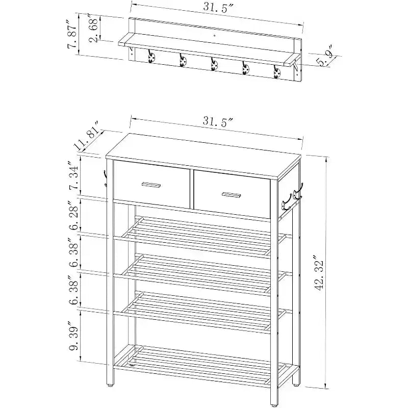 4-tier Shoe Rack With 2 Drawers, Shoes Storage Rack One Set Hallway Show Rack With Storage And Hooks Entry Way 31.5 x 11.81 x 42.32 Inch
