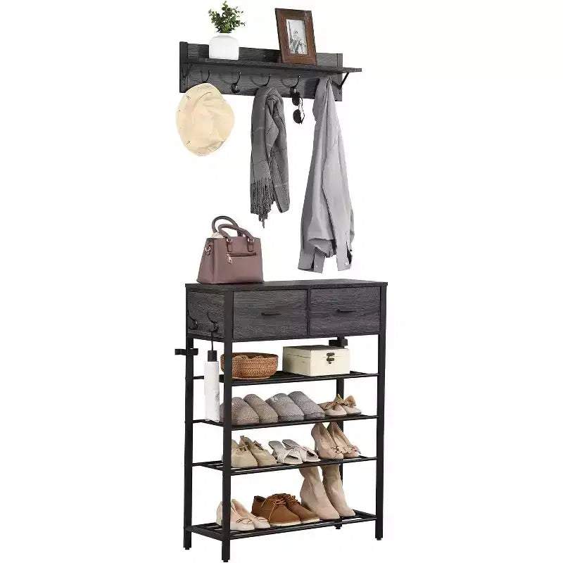 4-tier Shoe Rack With 2 Drawers, Shoes Storage Rack One Set Hallway Show Rack With Storage And Hooks Entry Way 31.5 x 11.81 x 42.32 Inch