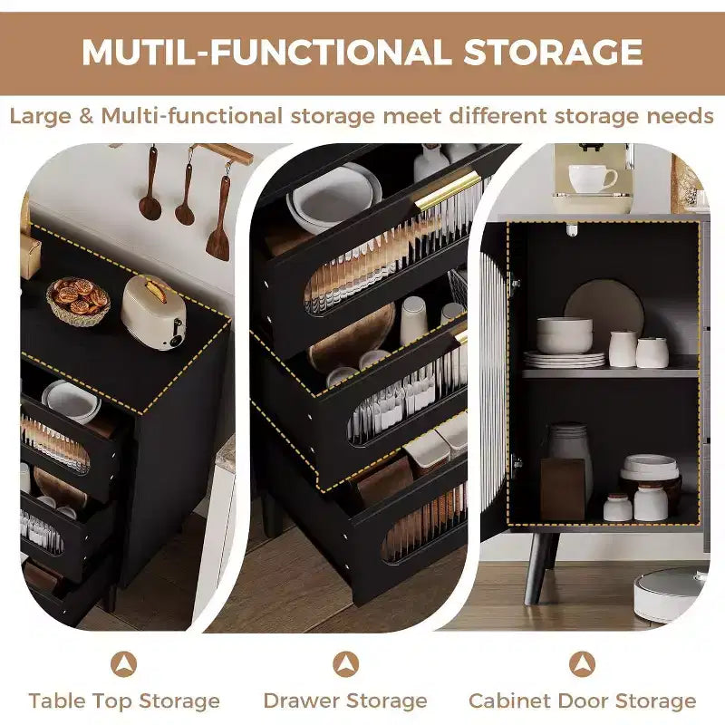 COZONY Sideboard Buffet Cabinet with Fluted Glass Doors, Modern Storage Cabinet with Drawers for Dining Room, Kitchen, and Entryway Organization