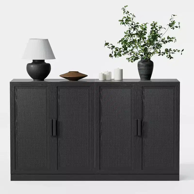 PexFix 62 W x 31 H Modern Sideboard Cabinet with 4-Doors Rattan Panels Buffet Console Accent Storage Cabinet for Hallway Entryway Dining Room Black