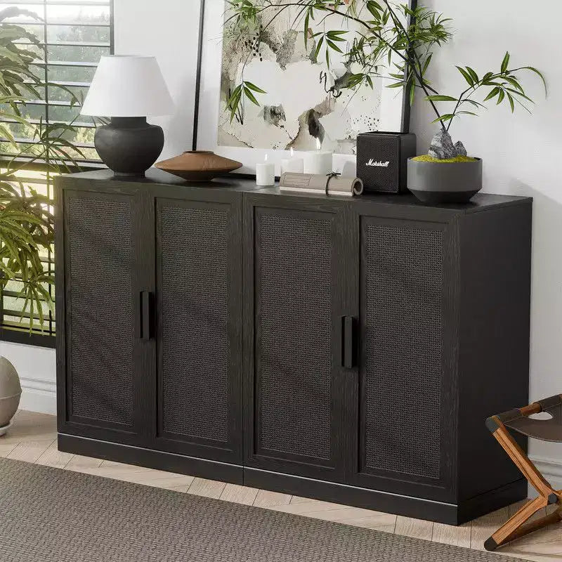 PexFix 62 W x 31 H Modern Sideboard Cabinet with 4-Doors Rattan Panels Buffet Console Accent Storage Cabinet for Hallway Entryway Dining Room Black