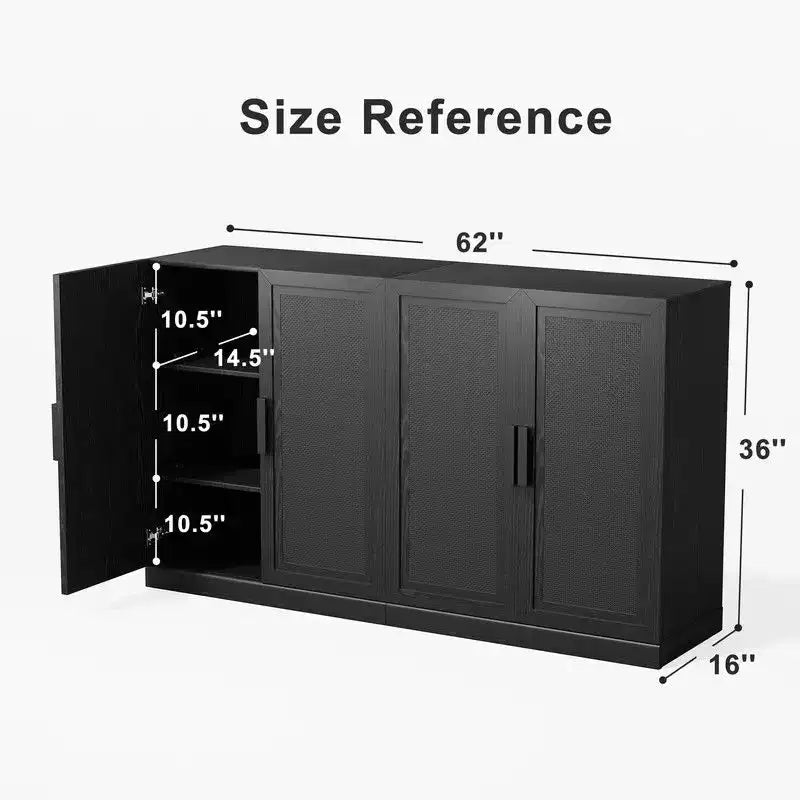PexFix 62 W x 31 H Modern Sideboard Cabinet with 4-Doors Rattan Panels Buffet Console Accent Storage Cabinet for Hallway Entryway Dining Room Black
