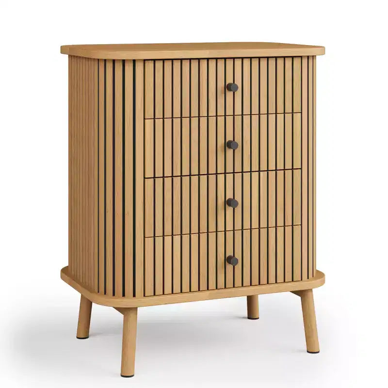 COZONY 4 Drawer Dresser, Boho Wicker Chest of Drawers with Matte Black Handles and Wood Legs for Bedroom, Living Room, Hallway