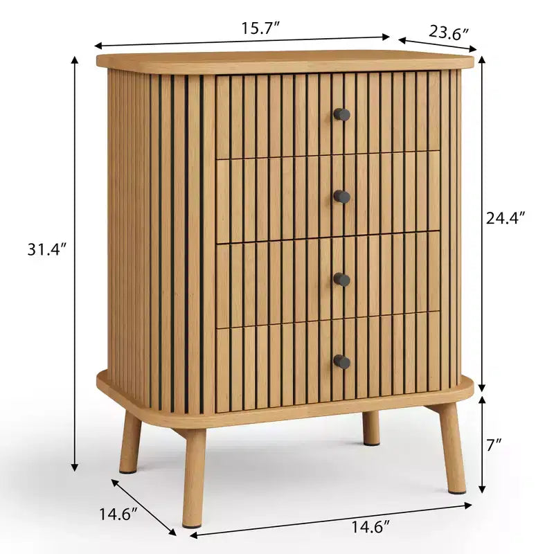 COZONY 4 Drawer Dresser, Boho Wicker Chest of Drawers with Matte Black Handles and Wood Legs for Bedroom, Living Room, Hallway