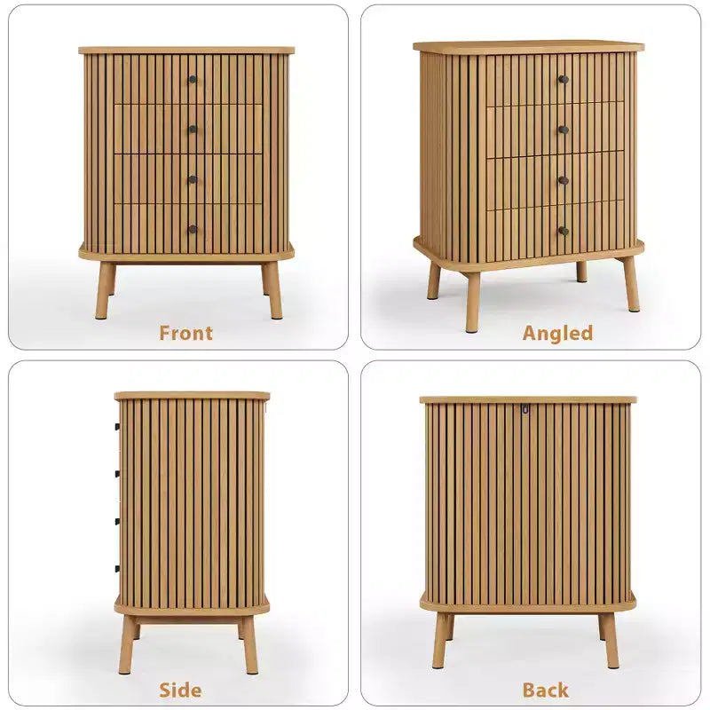 COZONY 4 Drawer Dresser, Boho Wicker Chest of Drawers with Matte Black Handles and Wood Legs for Bedroom, Living Room, Hallway