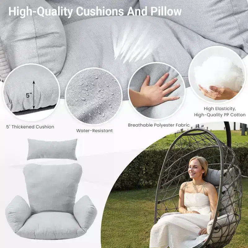 Heynemo Hanging Egg Chair Outdoor Swing Chair with Stand, Hammock Chair Indoor, Patio Boho Wicker Hanging Chair with Stand 350lbs Capacity