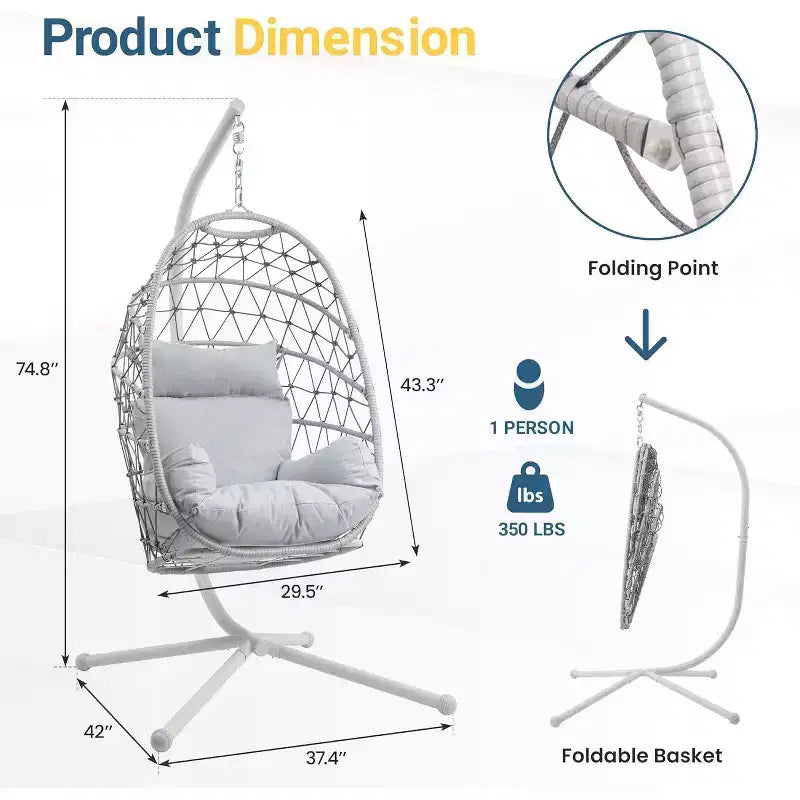 Heynemo Hanging Egg Chair Outdoor Swing Chair with Stand, Hammock Chair Indoor, Patio Boho Wicker Hanging Chair with Stand 350lbs Capacity