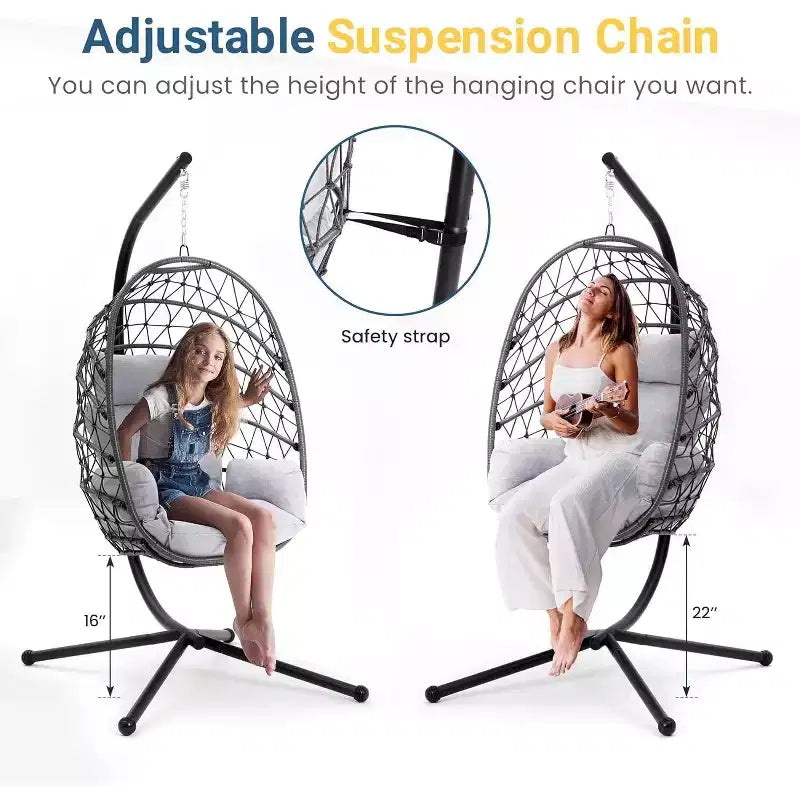 Heynemo Hanging Egg Chair Outdoor Swing Chair with Stand, Hammock Chair Indoor, Patio Boho Wicker Hanging Chair with Stand 350lbs Capacity