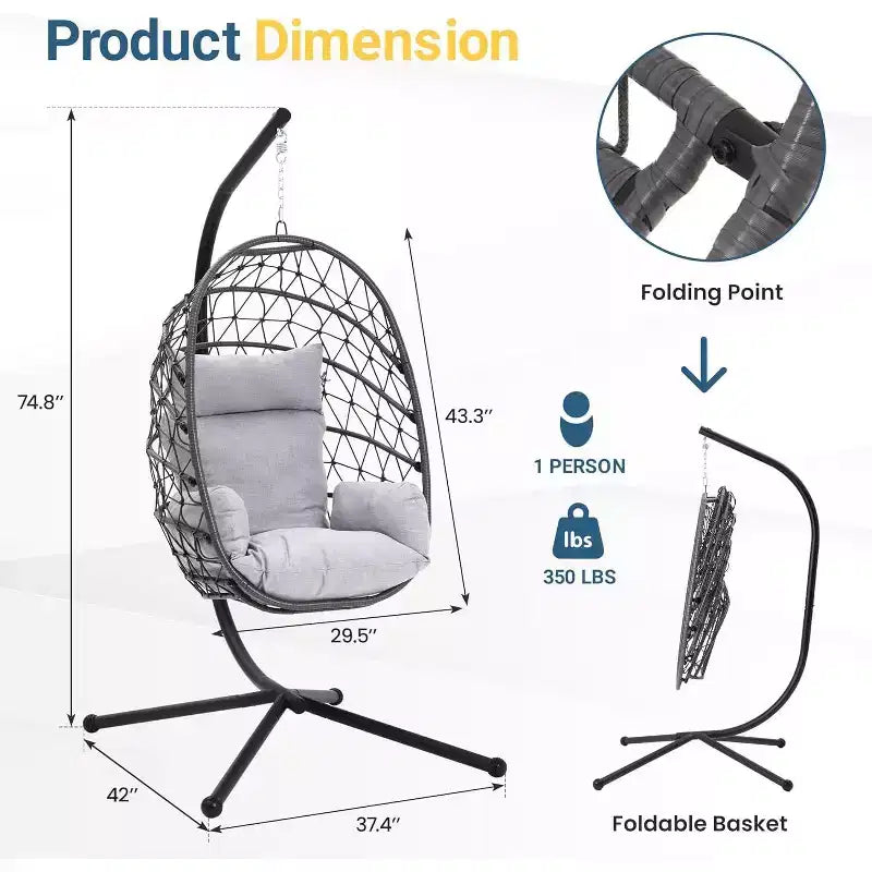 Heynemo Hanging Egg Chair Outdoor Swing Chair with Stand, Hammock Chair Indoor, Patio Boho Wicker Hanging Chair with Stand 350lbs Capacity