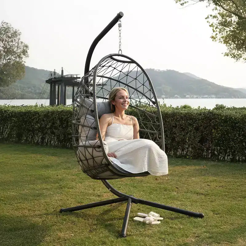Heynemo Hanging Egg Chair Outdoor Swing Chair with Stand, Hammock Chair Indoor, Patio Boho Wicker Hanging Chair with Stand 350lbs Capacity