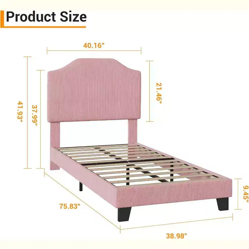 Acekool Kids Twin Bed Frame with Corduroy Headboard, Velvet Upholstered Platform, Slat Support, No Box Spring Needed, Easy Assembly