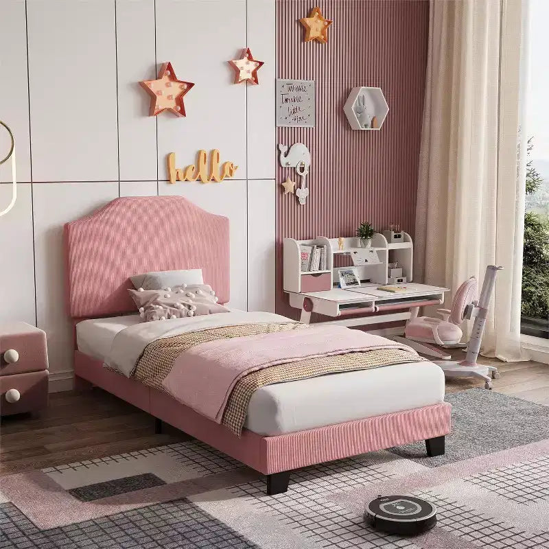 Acekool Kids Twin Bed Frame with Corduroy Headboard, Velvet Upholstered Platform, Slat Support, No Box Spring Needed, Easy Assembly