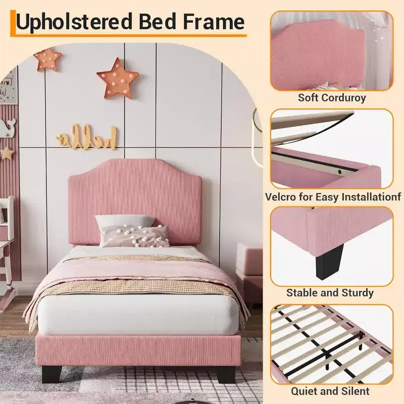 Acekool Kids Twin Bed Frame with Corduroy Headboard, Velvet Upholstered Platform, Slat Support, No Box Spring Needed, Easy Assembly