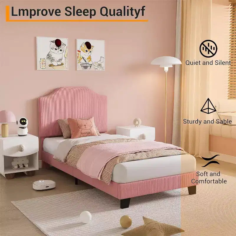Acekool Kids Twin Bed Frame with Corduroy Headboard, Velvet Upholstered Platform, Slat Support, No Box Spring Needed, Easy Assembly