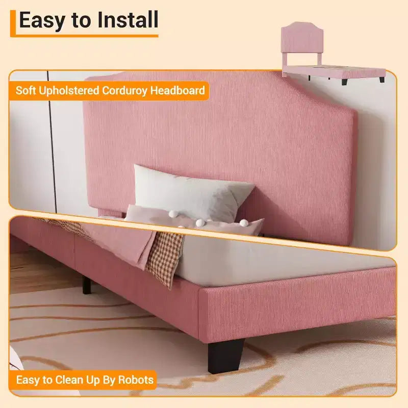 Acekool Kids Twin Bed Frame with Corduroy Headboard, Velvet Upholstered Platform, Slat Support, No Box Spring Needed, Easy Assembly